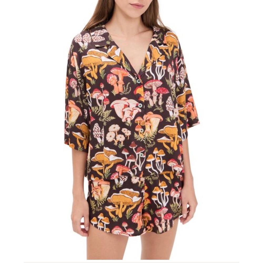 Printfresh Mushroom Medley Pajama Set Brown Viscose Short Sleeve Short XS earthy